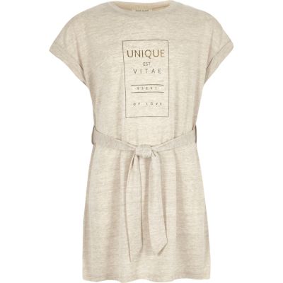 Girls beige unique slogan print tunic